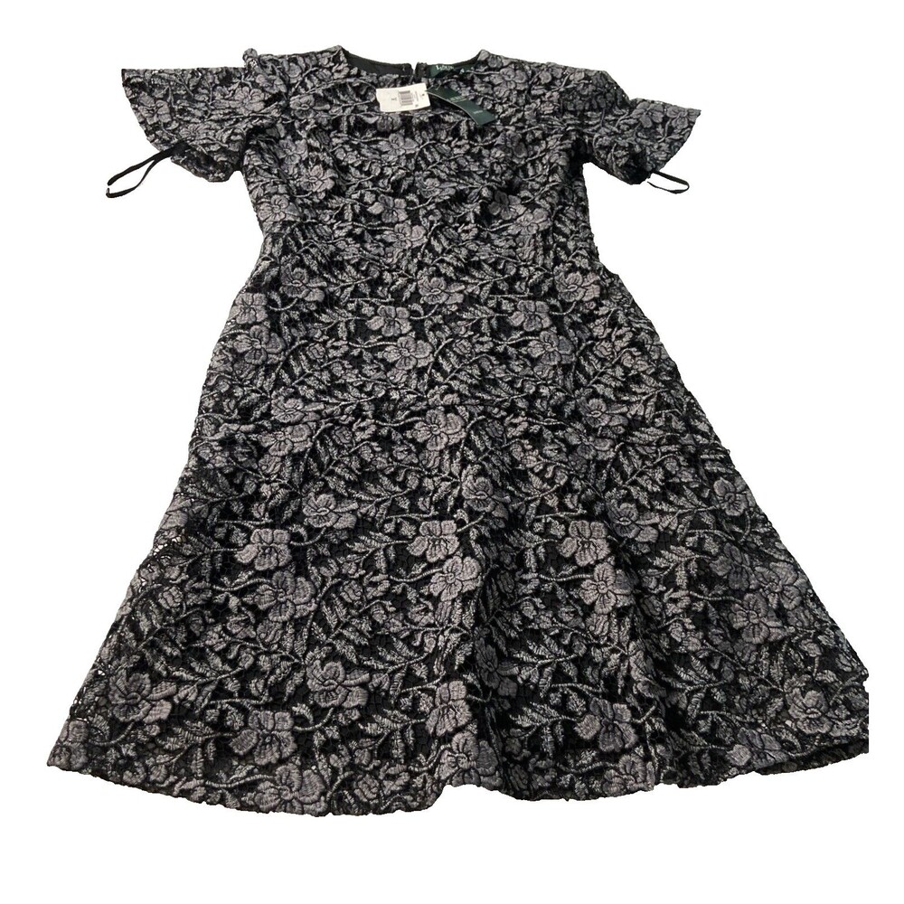 Ralph Lauren Women's Floral Dress Size 2 Black Grey Elegant